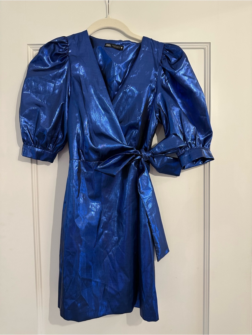 Zara Shimmering Cobalt Puff Sleeve Wrap Mini Dress
